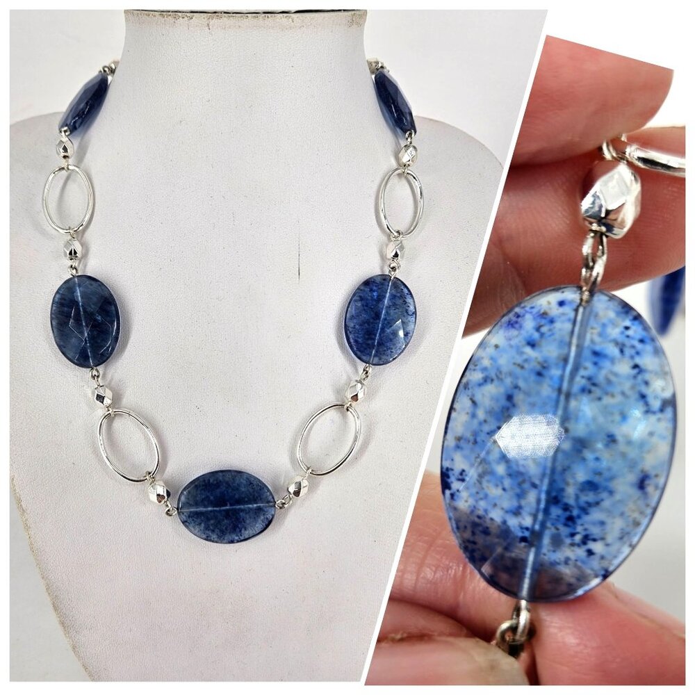 Necklace Blue Silver Toned Chain Glass Bead Light Circle Fashion Costume 16" NEW - Picture 1 of 8